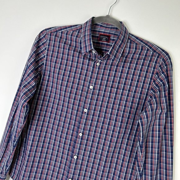 Untuckit Cormons Button Down Shirt Mens Size Large Red White Blue Plaid Slim Fit - Picture 3 of 10